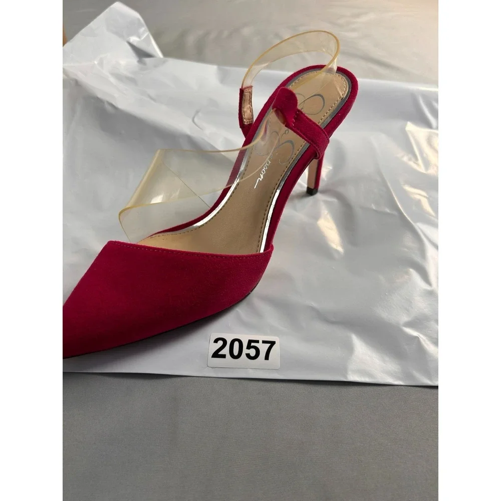 Jessica Simpson Women Heels Pumps Red Suede Pointed Toe Stiletto Clear Strap SZ6